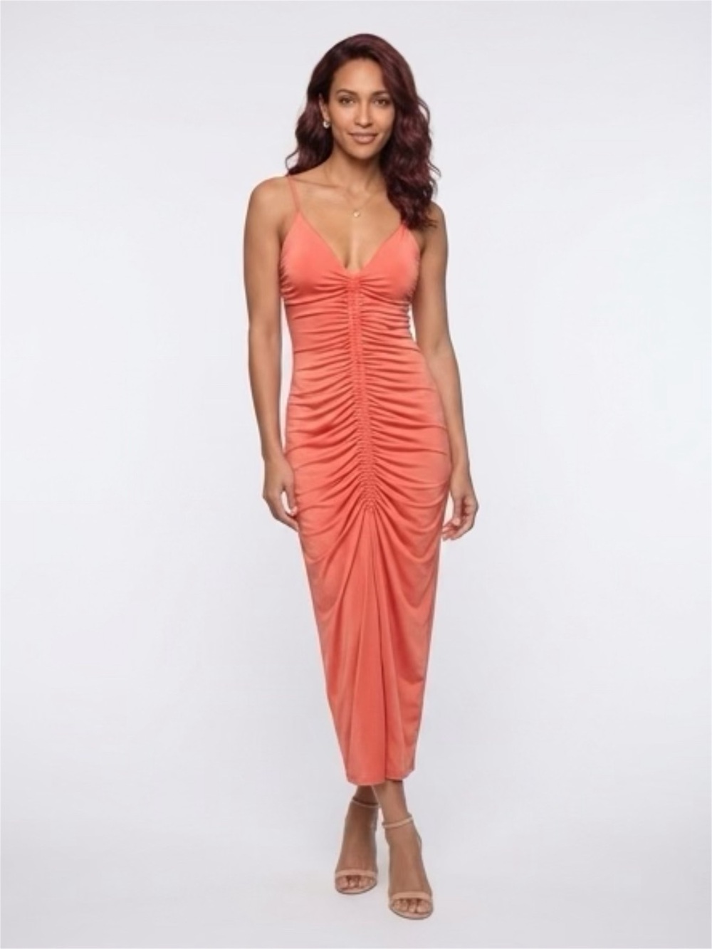 Express Ruched Coral Midi Dress with Spaghetti Straps